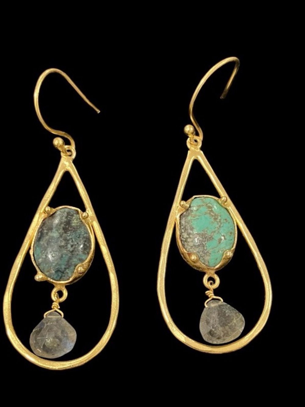 Natural Turquoise & Labradorite Teardrop Dangle Earrings Gold Tone Artisan